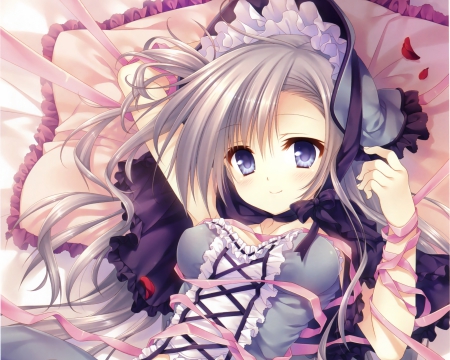 Lolita - gown, cute, beautiful, anime girl, adorable, girl, lay, ribbon, lolita, pretty, kawaii, beauty, longhair, sweet, brown hair, anime, hd, dress, cg, loli, laying, nice, lovely, female