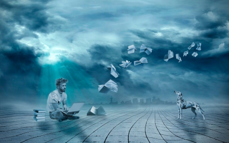 Fantasy - blue, book, dog, creative, man, fantasy, animal, situation, dalmatian