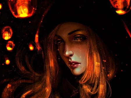 Golden tears - red, golden tears, digital, black, ayyasap, dark, girl, art, lantern, fantasy, luminos