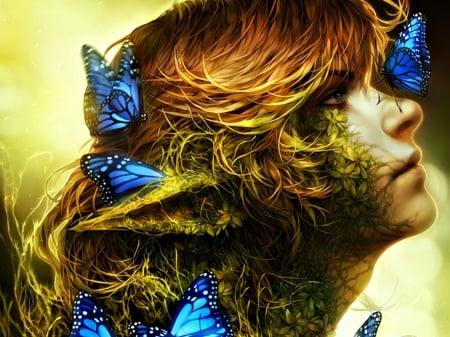 Forest's beauty - tincek-marincek, butterfly, art, man, blue, green, digital, forest s beauty