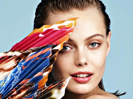 Frida Gustavsson - blue, girl, red, woman, model, Frida Gustavsson, femeie, face, paper