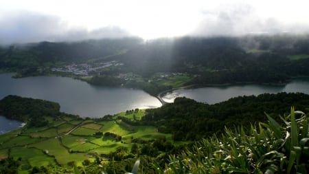 sunrise in the valley - town, fog, fields, sunrise, valley, lakes