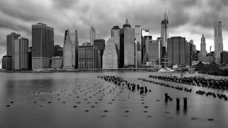 downtown nyc in greyscale - greyscale, clouds, skyscrapers, city, bay