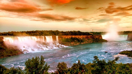 spectacular golden niagara falls hdr - spray, clouds, river, waterfalls, hdr, cliffs