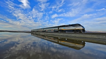 wonderful train and sky reflection - train, sky, lake, reflection, clouds, tracks