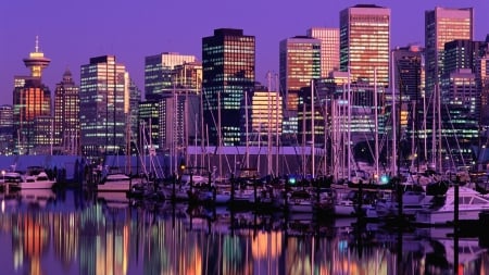 vancouver harbor in a purple sunset - purple, city, harbor, sunset, boats, marina