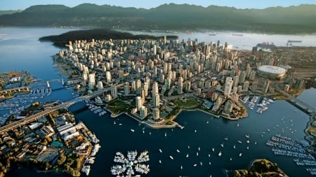 spectacular aerial view of vancouver - aerial, view, harbors, city, boats