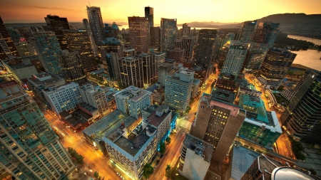 downtown vancouver at dusk hdr - city, streets, hdr, dusk, skyscrapers, lights