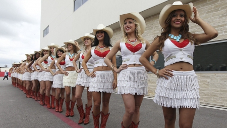 Cowgirls In A Line - girls, women, style, fun, models, female, fashion, cowgirls, boots, cheerleaders, hats, brunettes, western, blondes