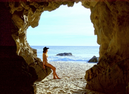 Cowgirl By The Cave - style, girls, women, models, hats, cowgirls, ocean, sand, brunettes, fun, beaches, female, fashion