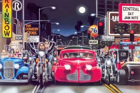 Waiting at The Red Light - bikes, painting, moon, motorbikes, cars, sunset strip
