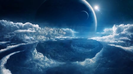 ABOVE THE CLOUDS - sky, planets, sunlight, blue, clouds