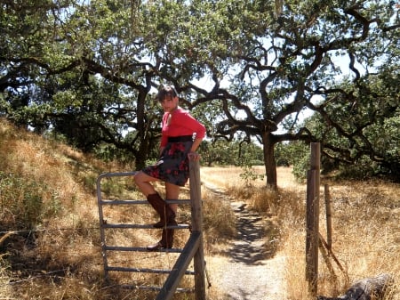 Outback Cowgirl - gate, cowgirl, boots, hat