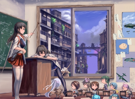 Kantai - Kantai Collection, Black Hair, Blonde Hair, Kantai, Classroom, Anime Girl, Brown Hair, Kancolle, Anime, Chibi, Bored, Long Hair, Cowlick, Wallpaper