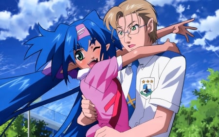 Old Friends - blue sky, anime girl, big eyes, zentradi, anime guy, clouds, anime, michael, michael blanc, blanc, anime couple, macross frontier, couple, blushing, klan klan, school uniform, blue hair, interracial, friends, old friends