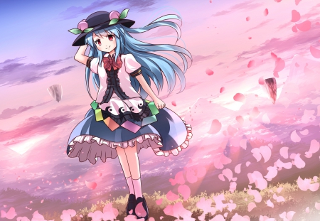 Early Morning - pretty, anime, kawaii, female, blossom, dress, pink, touhou, nice, sky, anime girl, girl, lovely, hinanawi tenshi, sweet, flower, petals, cute, adorable, floral