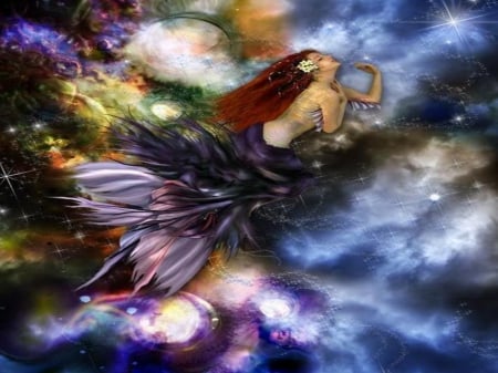 FANTASY - CLOUDS, FEMALE, MERMAID, STARS, COLORFUL