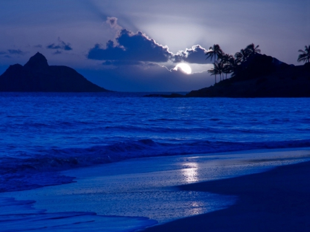 FULL MOON - moon, sky, ocean, beach, clouds, blue, twilight, waves