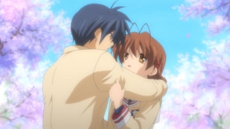 I Always ♡ U - pretty, anime, kawaii, female, blossom, nagisa, furukawa nagisa, happy, boy, male, tomoya okazaki, tomoya, nice, hug, smiling, clannad, anime couple, anime girl, sakura, okazaki, cherry blossom, girl, furukawa, lovely, sweet, flower, petals, cute, adorable, floral, couple