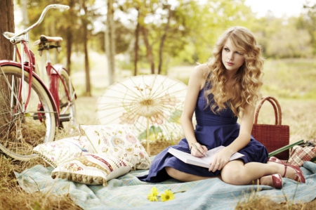 Taylor Swift - parasol, photography, picnic, diary, pillows, photo-shoot, bicycle, taylor swift, pen, writing, alone, japanese parasol, blue dress, self