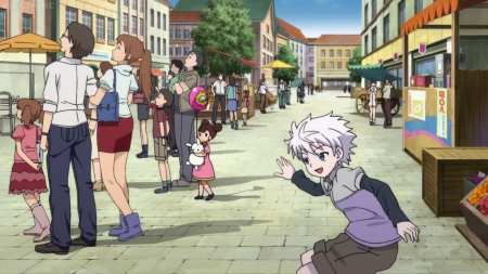 Skate Board - nice, street, hunter x hunter, people, skate, killua, anime, skateboard, silver hair, short hair, scene, male, building, lovely, town, boy, city, sweet, guy, happy