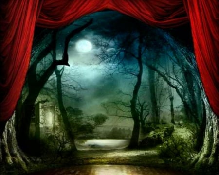 Dark Side - moon, trees, fantasy, path, curtain