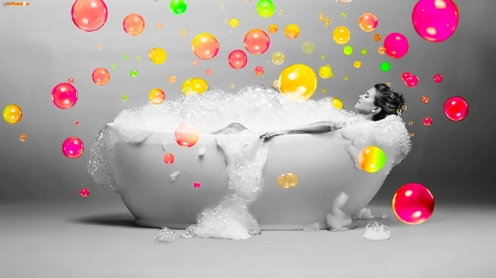 Beautiful Bubbles - woman, girl, people, serene, photography, fantasy, bubbles, girl in bath, art, bath, beautiful, digital, color splash, cute