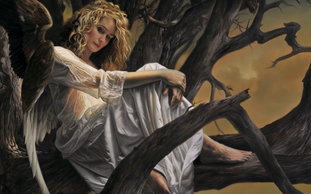 Angel - woman, painting, art, girl, angel, wings, fantasy, blonde