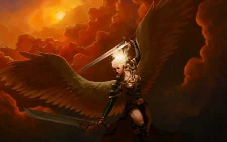 Angel - woman, angel, girl, wings, fantasy, art, cloud, red, orange, sword, blonde