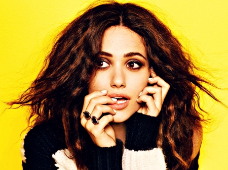 Emmy Rossum - white, black, actress, yellow, emmy rossum, girl, woman, redhead