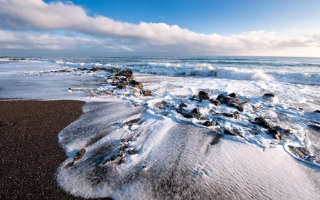 Waves on the Beach - sand, sky, clouds, beaches, waves, shore