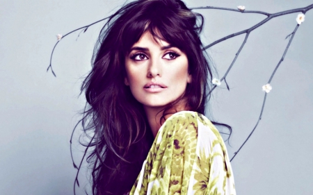 Penelope Cruz - purple, actress, spring, yellow, penelope cruz, girl, branch, woman