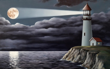 Shining to the Moon - lighthouse, cliff, artwork, clouds, night, sea