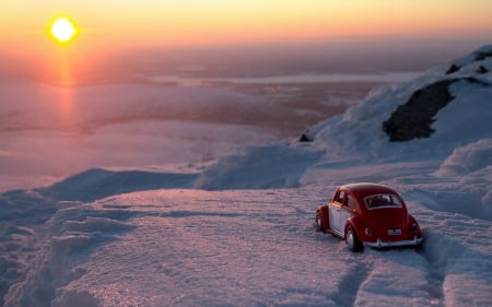 Sunset on a VW - red, vw, sunset, cars, snow