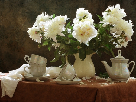 Coffee Time - flowers, table, jag, still life, cup