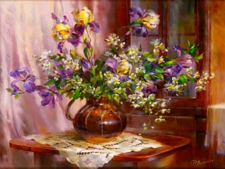 Painted still life - pretty, vase, house, delicate, beautiful, room, spring, lovely, still life, bouquet, home, harmony, flowers, painting