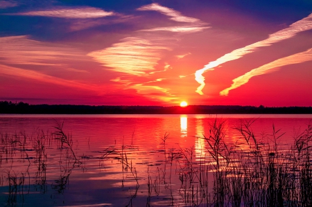 Raspberry sunset - summer, amazing, beautiful, reflection, dazzling, river, sunset, awesome, raspberry, lake, sun, sky