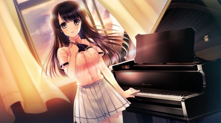 Piano - nice, female, anime girl, miniskirt, brown hair, curtain, piano, pretty, window, anime, blouse, cute, maiden, lady, skirt, girl, adorable, shirt, long hair, lovely, cg, hd, kawaii, sweet, dress