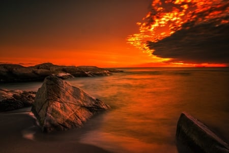 Sunrise - nature, horizon, ocean, beach, landscape, sunrise, rocks