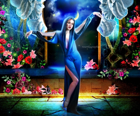 Blue Dance - pretty, roses, blue, creative pre-made, beautiful, love fours seasons, weird things people wear, colors, lovely, photomanipulation, flowers, girls, fantasy, beloved valentines, woman