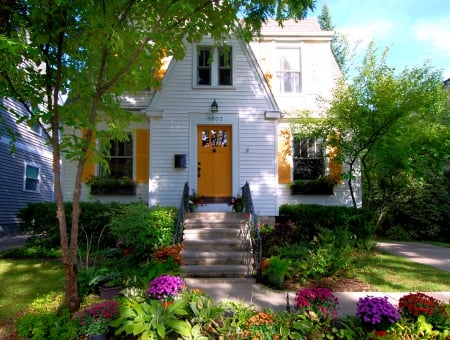 * Exterior garden of home * - house, trees, beautiful, spring, home, flowers, exterior, garden, sunny day