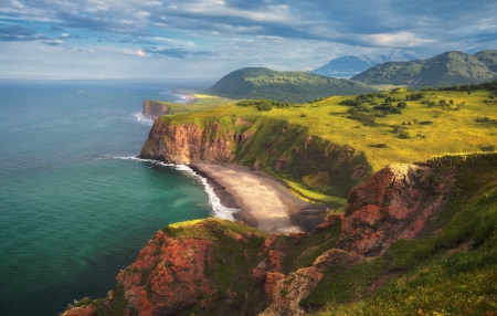 Idyllic Solitary Beach - beach, russia, summer, mountains, clouds, beautiful, sand, sea, cliffs