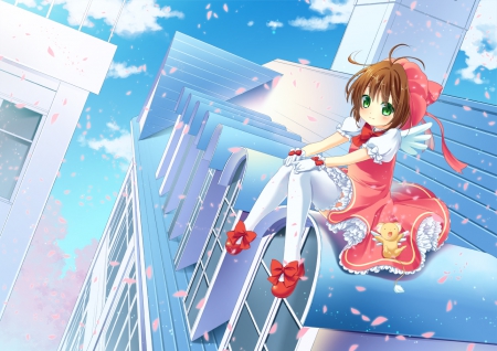 Kinomoto Sakura - pretty, anime, kawaii, female, dress, cardcaptor, lolita, roof, card captor sakura, nice, loli, kinomoto sakura, house, kinomoto, anime girl, sakura, card captor, ccs, beautiful, girl, beauty, lovely, brown hair, sweet, petals, sakura kinomoto, cardcaptor sakura, cute, adorable, building