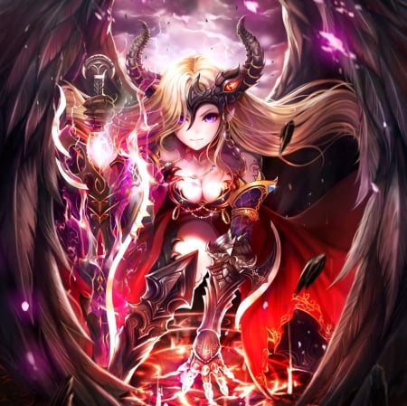 Shingoku no Valhalla Gate - pretty, magic, wing, great, angel, armor, blond, horn, nice, hot, beauty, cg, wings, sexy, anime, blonde, sucubus, blond hair, long hair, splendid, gorgeous, hd, anime girl, realistic, beautiful, girl, blonde hair, lovely, sweet, fantasy, sinister, awesome, fantasy girl