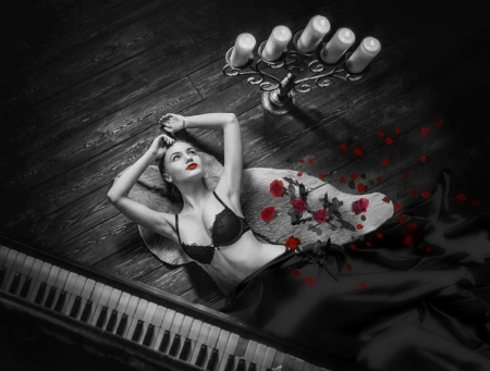 In the name...... - woman, dreams, piano, red