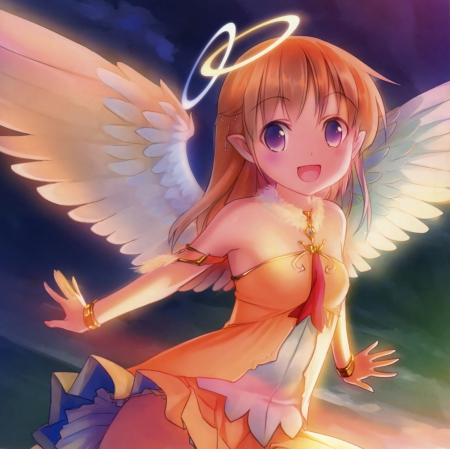 Angel Chan - anime, kawaii, female, wing, dress, blonde, angel, blond hair, happy, blond, halo, hd, nice, smiling, anime girl, girl, blonde hair, lovely, sweet, cg, smile, wings, cute, adorable