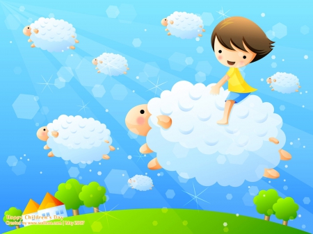 Happy Childhood - goat, blue, vector, children, child, year, boy, fantasy, animal, sheep, green, cloud, day