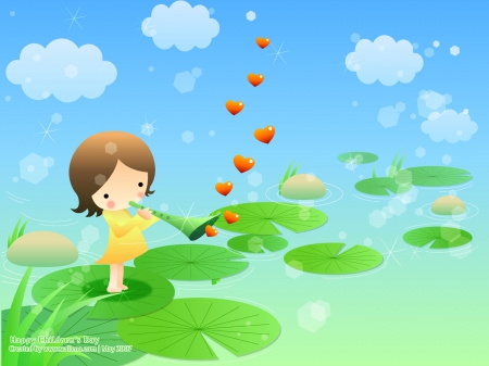 Love song - water, heart, blue, girl, children, child, green, valentine, cloud, leaf, day, song