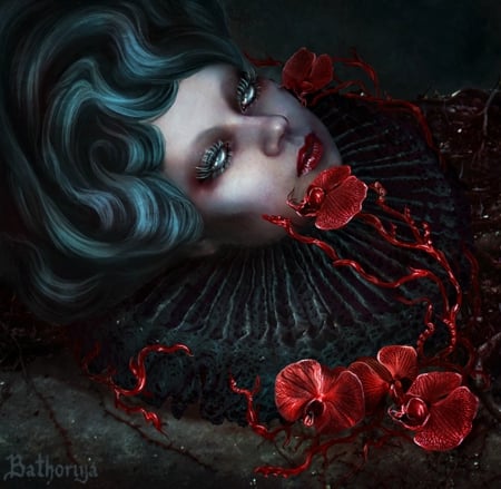 Bloody kiss - woman, orchid, gir, bloody kiss, black, bathoriya, vampire, fantasy, art, dark, red, blue, green, digital, flower