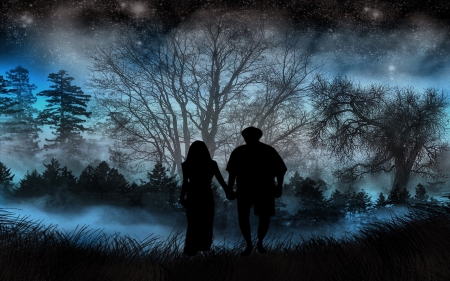 Don't Fear the Darkness - nature, trees, couple, artwork, night